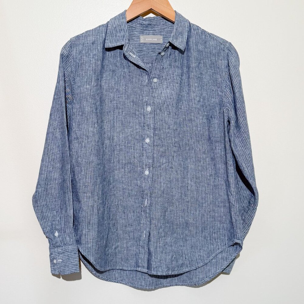 Everlane Chambray Striped Linen Classic Button Up Long Sleeve Shirt sz 0